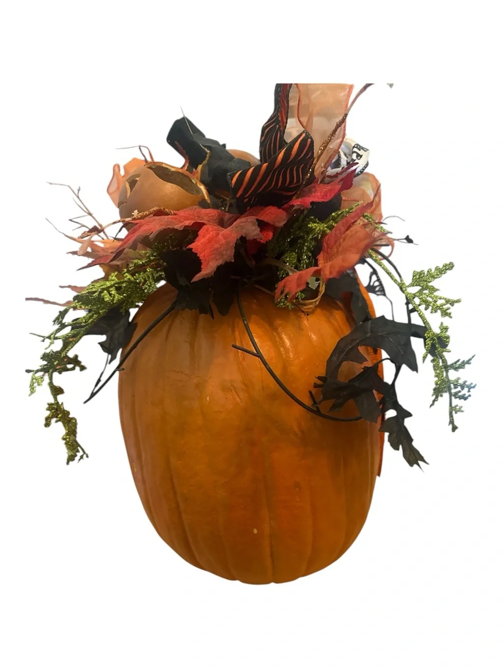 Fall Halloween Decor Orange Pumpkin Floral Accent with Black & Orange Ribbon